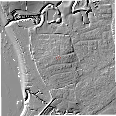 Shaded relief map of the ground around FY69EH, computed from Environment Agency LiDAR. The ground here sits at about 8 m above sea level and falls 11 m across the surrounding 800 m. The ground contributing surface water to this point lies to the south-south-west.