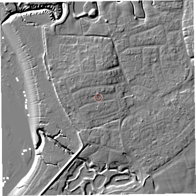 Shaded relief map of the ground around FY69EJ, computed from Environment Agency LiDAR. The ground here sits at about 7 m above sea level and falls 9 m across the surrounding 800 m. Surface water reaching this point runs off ground lying to the north, 1.4 m higher.