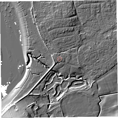 Shaded relief map of the ground around FY69EL, computed from Environment Agency LiDAR. The ground here sits at about 7 m above sea level and falls 15 m across the surrounding 800 m. Surface water reaching this point runs off ground lying to the north-north-west, 0.8 m higher.