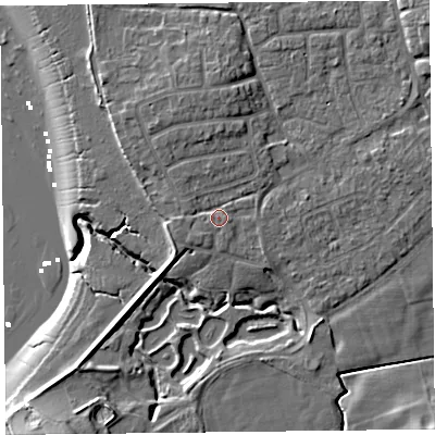 Shaded relief map of the ground around FY69EN, computed from Environment Agency LiDAR. The ground here sits at about 6 m above sea level and falls 12 m across the surrounding 800 m. Surface water reaching this point runs off ground lying to the west, 1.4 m higher.