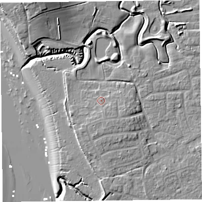 Shaded relief map of the ground around FY69EP, computed from Environment Agency LiDAR. The ground here sits at about 7 m above sea level and falls 16 m across the surrounding 800 m. Surface water reaching this point runs off ground lying to the south-south-east, 1.6 m higher.