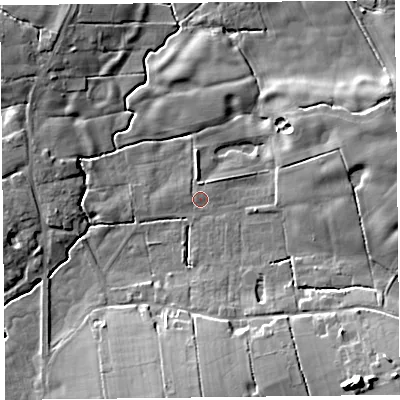 Shaded relief map of the ground around FY69EQ, computed from Environment Agency LiDAR. The ground here sits at about 6 m above sea level and falls 15 m across the surrounding 800 m. The ground contributing surface water to this point lies to the east-north-east.