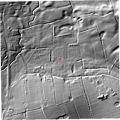 Shaded relief map of the ground around FY69ET, computed from Environment Agency LiDAR. The ground here sits at about 6 m above sea level and falls 15 m across the surrounding 800 m. Surface water reaching this point runs off ground lying to the south-east, 12.7 m higher.