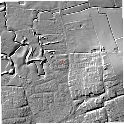 Shaded relief map of the ground around FY69EU, computed from Environment Agency LiDAR. The ground here sits at about 6 m above sea level and falls 16 m across the surrounding 800 m. Surface water reaching this point runs off ground lying to the east-north-east, 0.8 m higher.