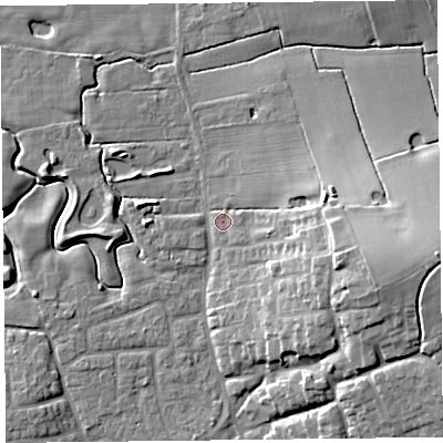 Shaded relief map of the ground around FY69FA, computed from Environment Agency LiDAR. The ground here sits at about 6 m above sea level and falls 18 m across the surrounding 800 m. Surface water reaching this point runs off ground lying to the east-south-east, 11.0 m higher.