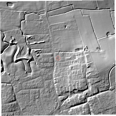 Shaded relief map of the ground around FY69FB, computed from Environment Agency LiDAR. The ground here sits at about 6 m above sea level and falls 18 m across the surrounding 800 m. Surface water reaching this point runs off ground lying to the east-south-east, 8.0 m higher.
