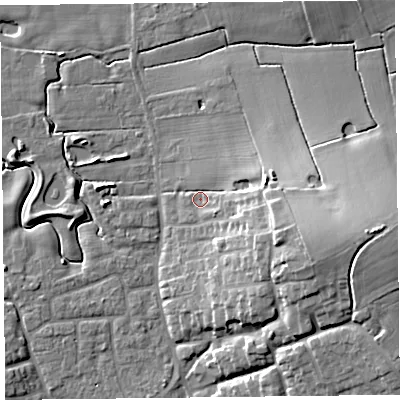 Shaded relief map of the ground around FY69FD, computed from Environment Agency LiDAR. The ground here sits at about 7 m above sea level and falls 18 m across the surrounding 800 m. Surface water reaching this point runs off ground lying to the east-south-east, 10.6 m higher.