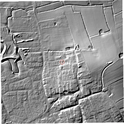 Shaded relief map of the ground around FY69FF, computed from Environment Agency LiDAR. The ground here sits at about 9 m above sea level and falls 18 m across the surrounding 800 m. Surface water reaching this point runs off ground lying to the east-south-east, 6.3 m higher.