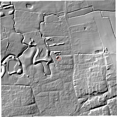 Shaded relief map of the ground around FY69FG, computed from Environment Agency LiDAR. The ground here sits at about 5 m above sea level and falls 15 m across the surrounding 800 m. Surface water reaching this point runs off ground lying to the north-north-west, 3.8 m higher.