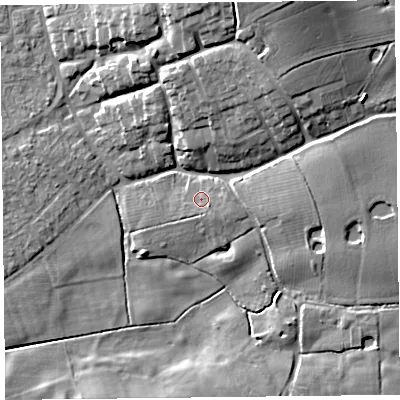Shaded relief map of the ground around FY69FY, computed from Environment Agency LiDAR. The ground here sits at about 7 m above sea level and falls 16 m across the surrounding 800 m. Surface water reaching this point runs off ground lying to the east-south-east, 1.7 m higher.