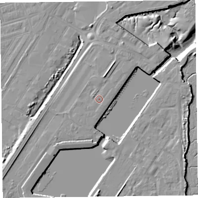 Shaded relief map of the ground around FY76AE, computed from Environment Agency LiDAR. The ground here sits at about 7 m above sea level and falls 12 m across the surrounding 800 m. The ground contributing surface water to this point lies to the south-south-east.