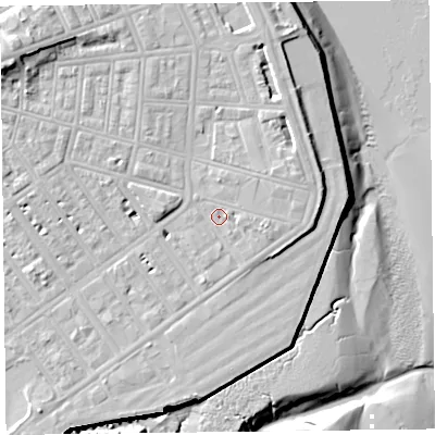 Shaded relief map of the ground around FY76AH, computed from Environment Agency LiDAR. The ground here sits at about 7 m above sea level and falls 17 m across the surrounding 800 m. Surface water reaching this point runs off ground lying to the east-north-east, 2.6 m higher.