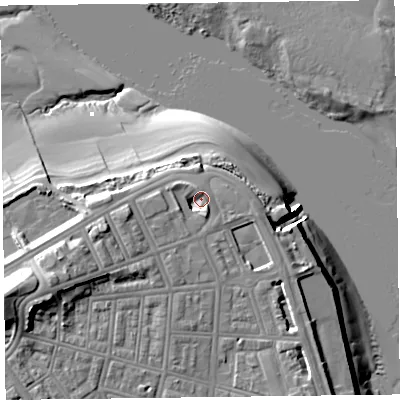 Shaded relief map of the ground around FY76BN, computed from Environment Agency LiDAR. The ground here sits at about 8 m above sea level and falls 19 m across the surrounding 800 m. Surface water reaching this point runs off ground lying to the west-south-west, 3.4 m higher.