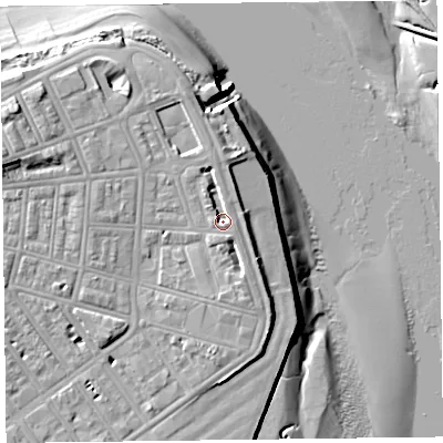 Shaded relief map of the ground around FY76BT, computed from Environment Agency LiDAR. The ground here sits at about 8 m above sea level and falls 15 m across the surrounding 800 m. Surface water reaching this point runs off ground lying to the south-east, 2.2 m higher.