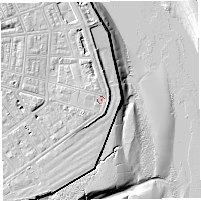 Shaded relief map of the ground around FY76DE, computed from Environment Agency LiDAR. The ground here sits at about 9 m above sea level and falls 14 m across the surrounding 800 m. Surface water reaching this point runs off ground lying to the north-north-west, 0.9 m higher.
