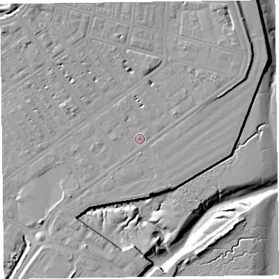 Shaded relief map of the ground around FY76DR, computed from Environment Agency LiDAR. The ground here sits at about 6 m above sea level and falls 13 m across the surrounding 800 m. Surface water reaching this point runs off ground lying to the north-east, 4.9 m higher.
