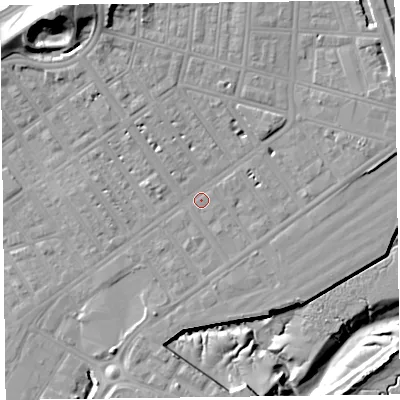 Shaded relief map of the ground around FY76DS, computed from Environment Agency LiDAR. The ground here sits at about 6 m above sea level and falls 22 m across the surrounding 800 m. Surface water reaching this point runs off ground lying to the north-north-west, 8.8 m higher.