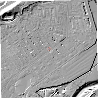Shaded relief map of the ground around FY76DT, computed from Environment Agency LiDAR. The ground here sits at about 7 m above sea level and falls 22 m across the surrounding 800 m. Surface water reaching this point runs off ground lying to the north-north-west, 8.8 m higher.