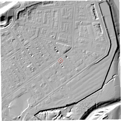 Shaded relief map of the ground around FY76DU, computed from Environment Agency LiDAR. The ground here sits at about 7 m above sea level and falls 23 m across the surrounding 800 m. Surface water reaching this point runs off ground lying to the north, 4.6 m higher.