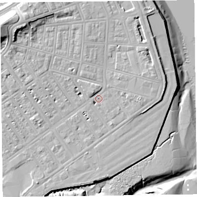 Shaded relief map of the ground around FY76DX, computed from Environment Agency LiDAR. The ground here sits at about 7 m above sea level and falls 19 m across the surrounding 800 m. Surface water reaching this point runs off ground lying to the north, 2.8 m higher.