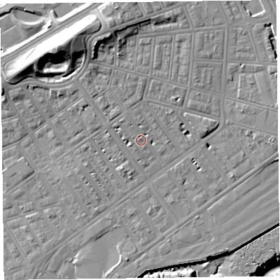 Shaded relief map of the ground around FY76DY, computed from Environment Agency LiDAR. The ground here sits at about 7 m above sea level and falls 22 m across the surrounding 800 m. Surface water reaching this point runs off ground lying to the north-west, 1.1 m higher.