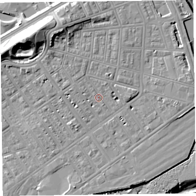 Shaded relief map of the ground around FY76EA, computed from Environment Agency LiDAR. The ground here sits at about 7 m above sea level and falls 22 m across the surrounding 800 m. Surface water reaching this point runs off ground lying to the north-west, 7.0 m higher.