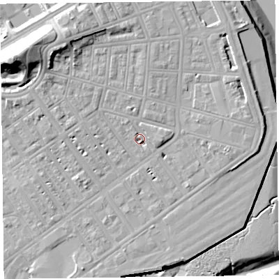 Shaded relief map of the ground around FY76EB, computed from Environment Agency LiDAR. The ground here sits at about 7 m above sea level and falls 23 m across the surrounding 800 m. Surface water reaching this point runs off ground lying to the north-west, 3.1 m higher.