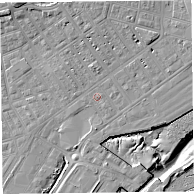 Shaded relief map of the ground around FY76EG, computed from Environment Agency LiDAR. The ground here sits at about 6 m above sea level and falls 13 m across the surrounding 800 m. Surface water reaching this point runs off ground lying to the south-east, 0.7 m higher.