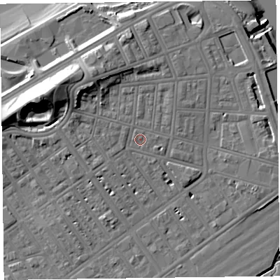 Shaded relief map of the ground around FY76EQ, computed from Environment Agency LiDAR. The ground here sits at about 8 m above sea level and falls 23 m across the surrounding 800 m. Surface water reaching this point runs off ground lying to the north, 3.5 m higher.