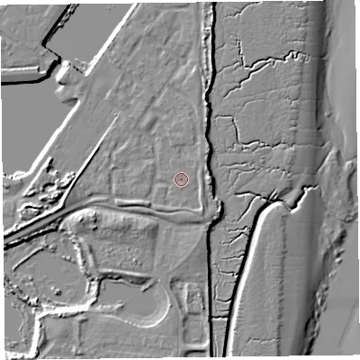 Shaded relief map of the ground around FY76FB, computed from Environment Agency LiDAR. The ground here sits at about 7 m above sea level and falls 12 m across the surrounding 800 m. Surface water reaching this point runs off ground lying to the south-east, 1.5 m higher.