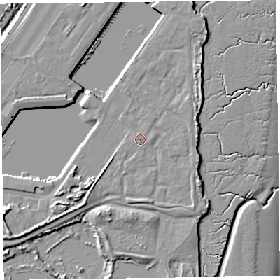 Shaded relief map of the ground around FY76FE, computed from Environment Agency LiDAR. The ground here sits at about 7 m above sea level and falls 10 m across the surrounding 800 m. Surface water reaching this point runs off ground lying to the south, 1.9 m higher.