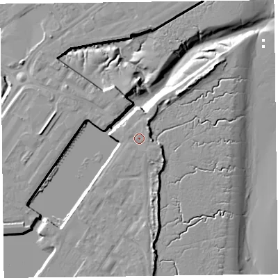 Shaded relief map of the ground around FY76FF, computed from Environment Agency LiDAR. The ground here sits at about 7 m above sea level and falls 12 m across the surrounding 800 m. Surface water reaching this point runs off ground lying to the east-south-east, 1.4 m higher.