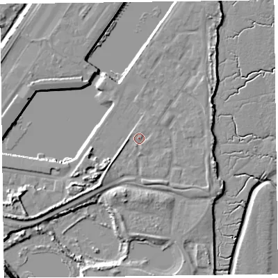 Shaded relief map of the ground around FY76FG, computed from Environment Agency LiDAR. The ground here sits at about 7 m above sea level and falls 16 m across the surrounding 800 m. Surface water reaching this point runs off ground lying to the west, 1.8 m higher.