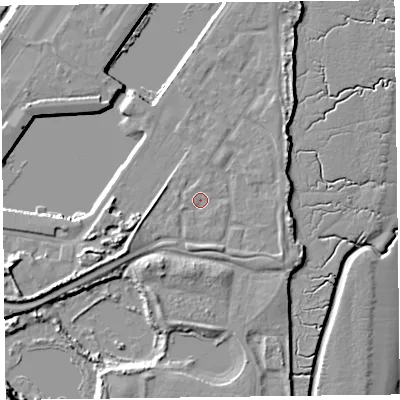 Shaded relief map of the ground around FY76FH, computed from Environment Agency LiDAR. The ground here sits at about 7 m above sea level and falls 17 m across the surrounding 800 m. Surface water reaching this point runs off ground lying to the south-south-east, 1.8 m higher.