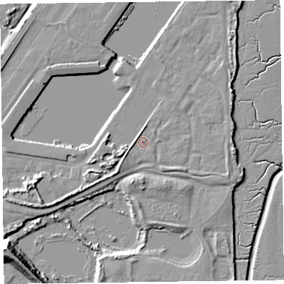 Shaded relief map of the ground around FY76FJ, computed from Environment Agency LiDAR. The ground here sits at about 7 m above sea level and falls 17 m across the surrounding 800 m. Surface water reaching this point runs off ground lying to the west-south-west, 1.7 m higher.