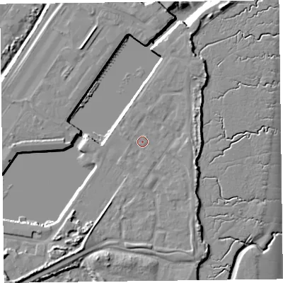 Shaded relief map of the ground around FY76FL, computed from Environment Agency LiDAR. The ground here sits at about 7 m above sea level and falls 12 m across the surrounding 800 m. Surface water reaching this point runs off ground lying to the east-north-east, 2.7 m higher.