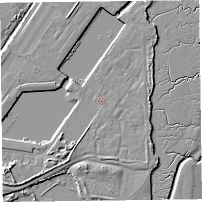 Shaded relief map of the ground around FY76FN, computed from Environment Agency LiDAR. The ground here sits at about 7 m above sea level and falls 13 m across the surrounding 800 m. Surface water reaching this point runs off ground lying to the north-east, 2.7 m higher.