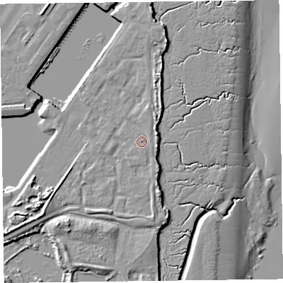 Shaded relief map of the ground around FY76FP, computed from Environment Agency LiDAR. The ground here sits at about 7 m above sea level and falls 12 m across the surrounding 800 m. Surface water reaching this point runs off ground lying to the south-south-east, 0.7 m higher.