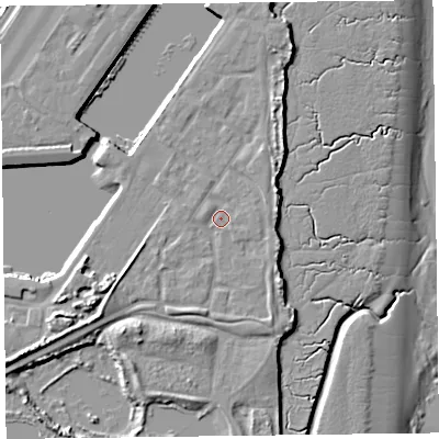 Shaded relief map of the ground around FY76FQ, computed from Environment Agency LiDAR. The ground here sits at about 7 m above sea level and falls 13 m across the surrounding 800 m. Surface water reaching this point runs off ground lying to the south-south-west, 1.9 m higher.