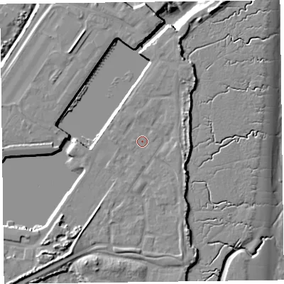 Shaded relief map of the ground around FY76FR, computed from Environment Agency LiDAR. The ground here sits at about 7 m above sea level and falls 12 m across the surrounding 800 m. Surface water reaching this point runs off ground lying to the east-north-east, 2.7 m higher.