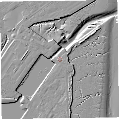Shaded relief map of the ground around FY76FS, computed from Environment Agency LiDAR. The ground here sits at about 7 m above sea level and falls 12 m across the surrounding 800 m. Surface water reaching this point runs off ground lying to the east-south-east, 1.4 m higher.