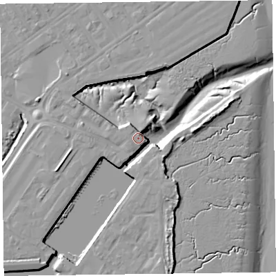 Shaded relief map of the ground around FY76FU, computed from Environment Agency LiDAR. The ground here sits at about 7 m above sea level and falls 12 m across the surrounding 800 m. Surface water reaching this point runs off ground lying to the north, 4.1 m higher.