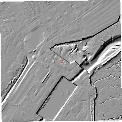 Shaded relief map of the ground around FY76FX, computed from Environment Agency LiDAR. The ground here sits at about 7 m above sea level and falls 12 m across the surrounding 800 m. Surface water reaching this point runs off ground lying to the east, 1.1 m higher.