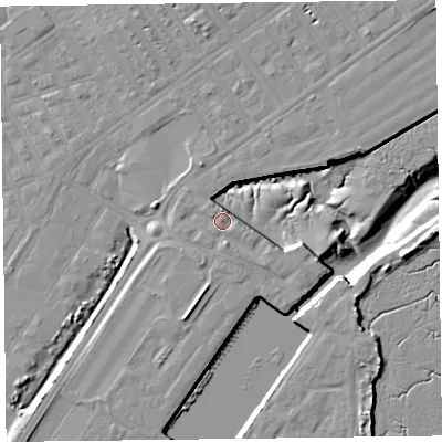 Shaded relief map of the ground around FY76FY, computed from Environment Agency LiDAR. The ground here sits at about 7 m above sea level and falls 12 m across the surrounding 800 m. Surface water reaching this point runs off ground lying to the south-south-east, 1.6 m higher.