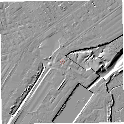 Shaded relief map of the ground around FY76FZ, computed from Environment Agency LiDAR. The ground here sits at about 7 m above sea level and falls 12 m across the surrounding 800 m. Surface water reaching this point runs off ground lying to the south-east, 1.9 m higher.