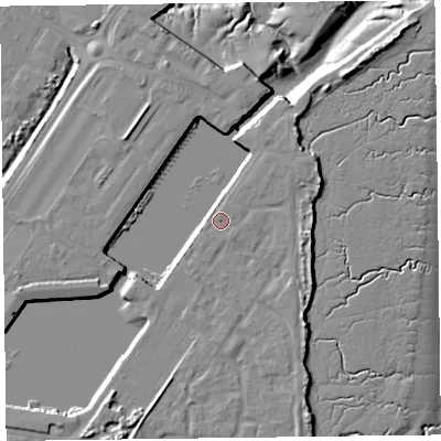 Shaded relief map of the ground around FY76GU, computed from Environment Agency LiDAR. The ground here sits at about 7 m above sea level and falls 12 m across the surrounding 800 m. Surface water reaching this point runs off ground lying to the west-south-west, 4.8 m higher.