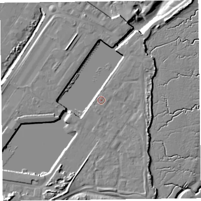 Shaded relief map of the ground around FY76GW, computed from Environment Agency LiDAR. The ground here sits at about 7 m above sea level and falls 13 m across the surrounding 800 m. Surface water reaching this point runs off ground lying to the north, 0.6 m higher.