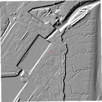 Shaded relief map of the ground around FY76GX, computed from Environment Agency LiDAR. The ground here sits at about 7 m above sea level and falls 12 m across the surrounding 800 m. The ground contributing surface water to this point lies to the north-east.