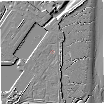 Shaded relief map of the ground around FY76GY, computed from Environment Agency LiDAR. The ground here sits at about 7 m above sea level and falls 12 m across the surrounding 800 m. Surface water reaching this point runs off ground lying to the east, 2.7 m higher.