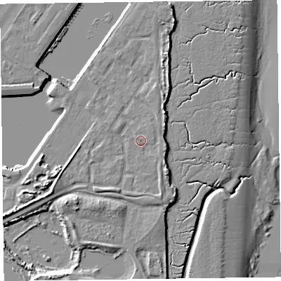 Shaded relief map of the ground around FY76GZ, computed from Environment Agency LiDAR. The ground here sits at about 7 m above sea level and falls 12 m across the surrounding 800 m. Surface water reaching this point runs off ground lying to the east-south-east, 1.5 m higher.